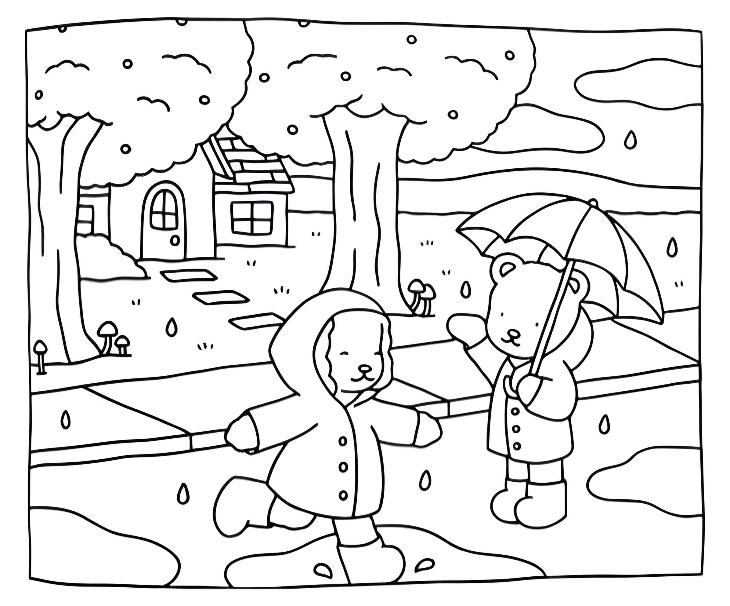 Desenho de animais brincando na chuva Bobbie Goods para imprimir