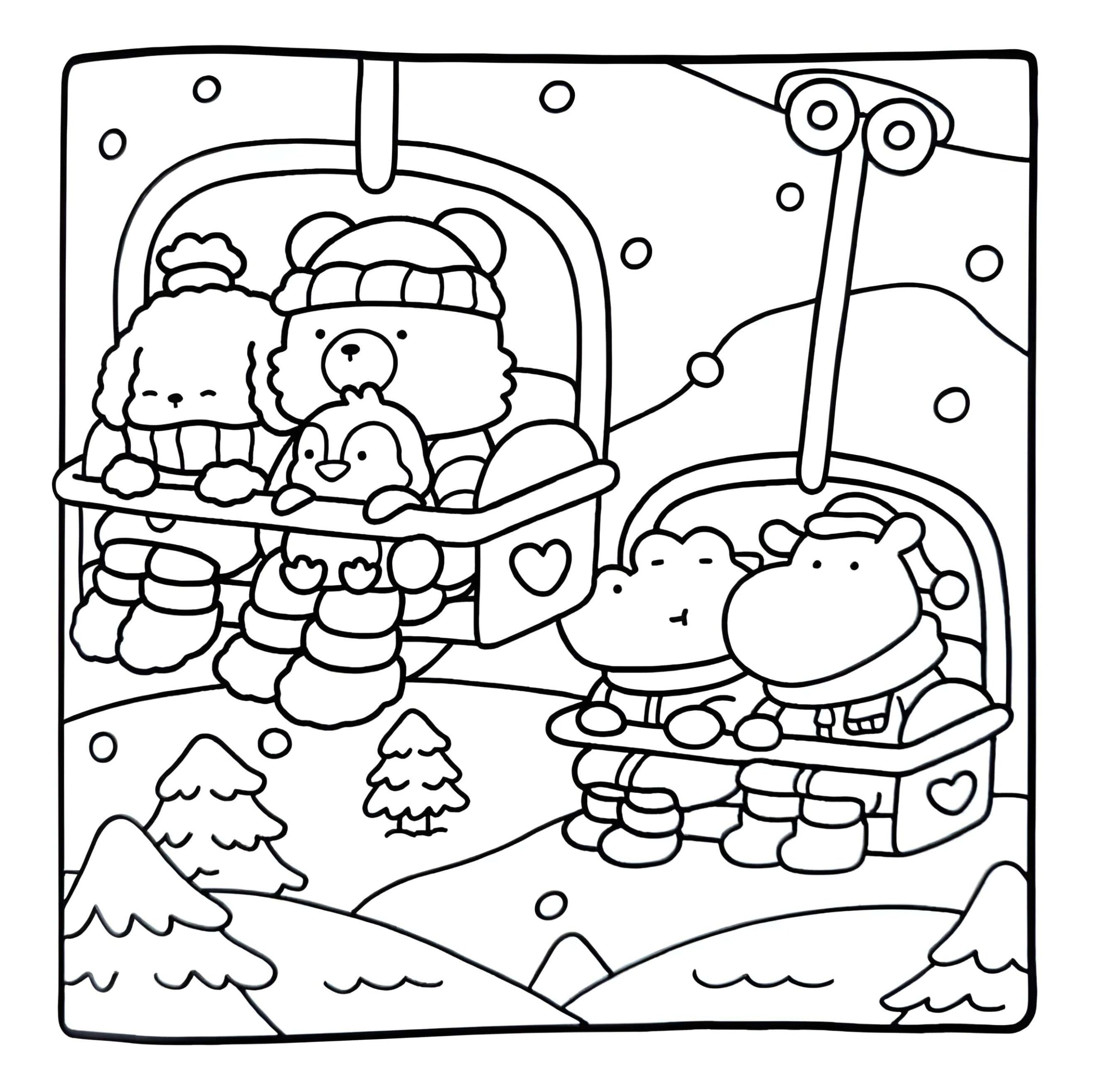 Desenho de animais no teleférico na neve Bobbie Goods para imprimir