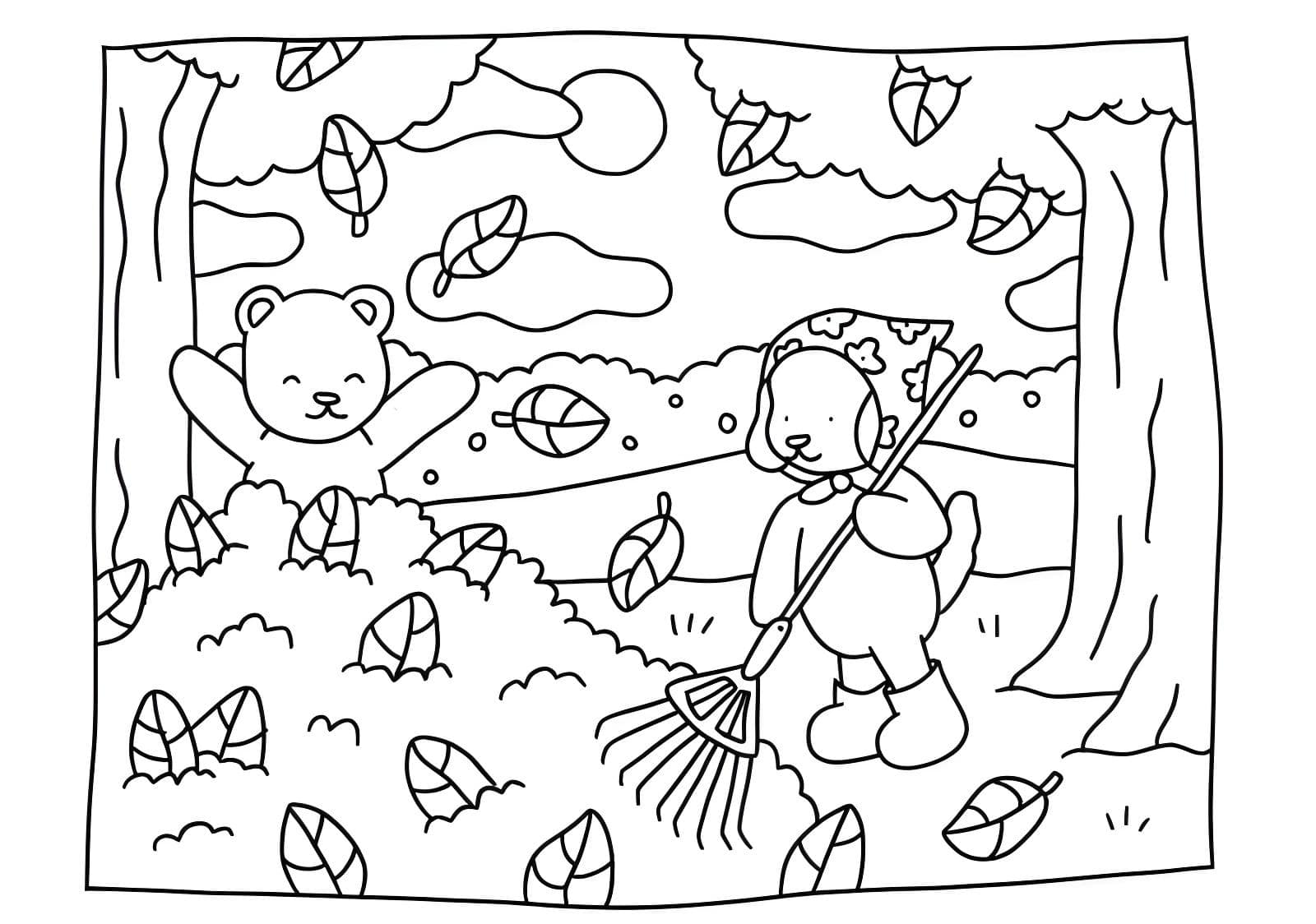 Desenho de animais recolhendo folhas no outono Bobbie Goods para imprimir
