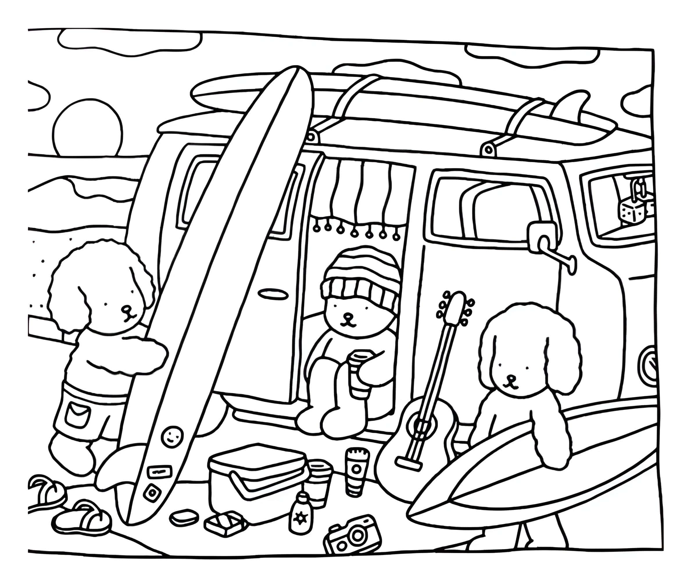 Desenho de cachorros com prancha de surf na praia Bobbie Goods para imprimir