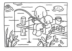 Desenho de cachorros pescando no lago Bobbie Goods para pintar