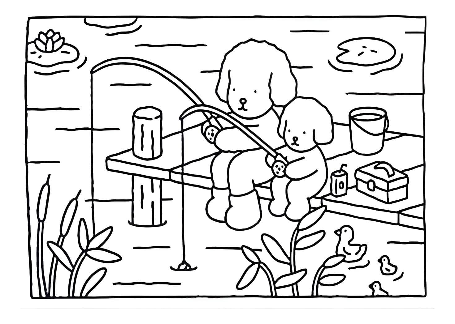 Desenho de cachorros pescando no lago Bobbie Goods para pintar