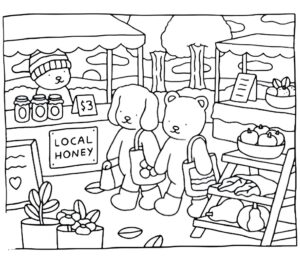 Imagem de mercado local com ursinhos Bobbie Goods para colorir