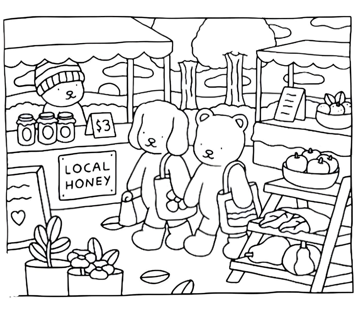 Imagem de mercado local com ursinhos Bobbie Goods para colorir