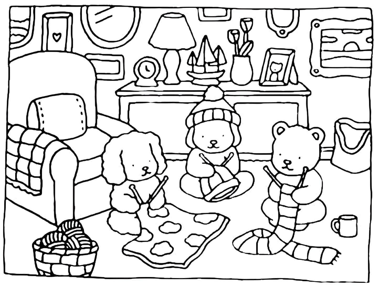 Imagem de ursinhos tricotando em uma sala aconchegante Bobbie Goods para pintar