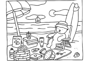 Imagem de urso relaxando na praia Bobbie Goods para colorir