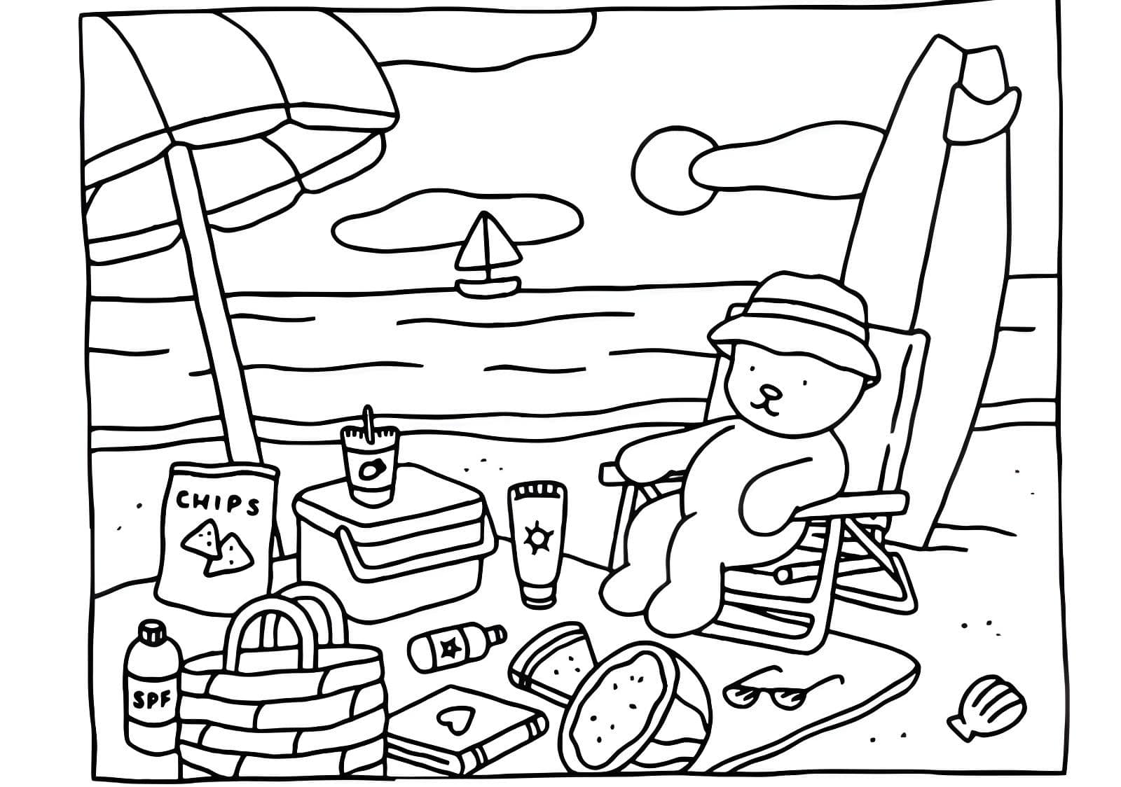 Imagem de urso relaxando na praia Bobbie Goods para colorir