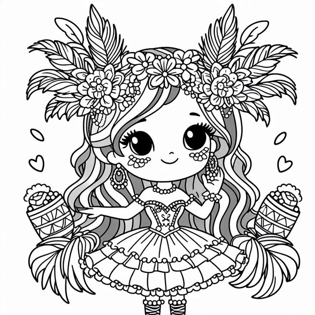 Desenho da menina com adereços e máscara de carnaval para imprimir