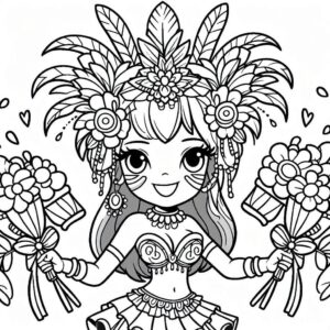 Desenho da menina com flores e fantasia de carnaval para colorir