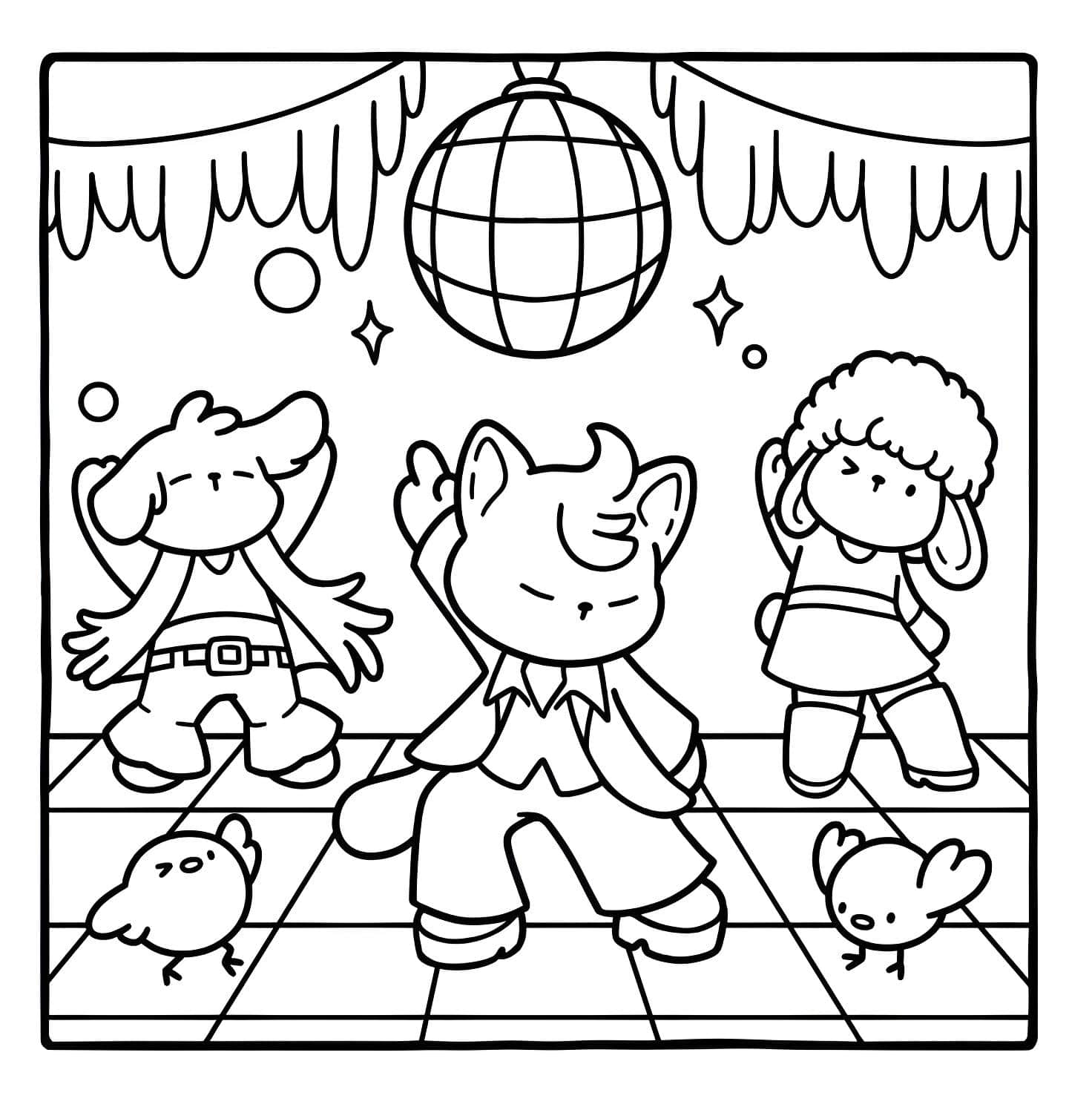 Desenho de festa disco com animais de Bobbie Goods para colorir