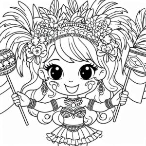 Imagem da menina com máscara e maracas para colorir