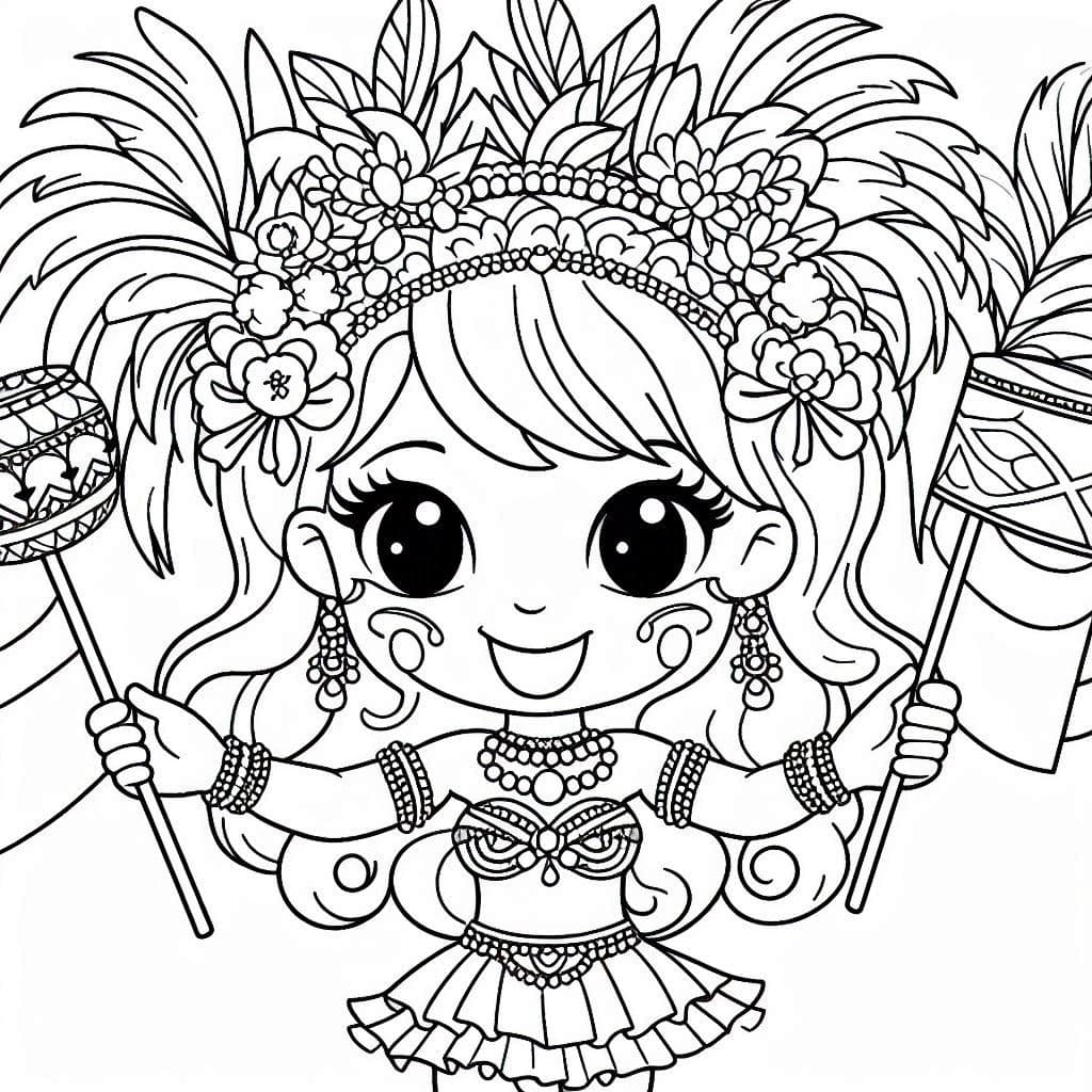 Imagem da menina com máscara e maracas para colorir