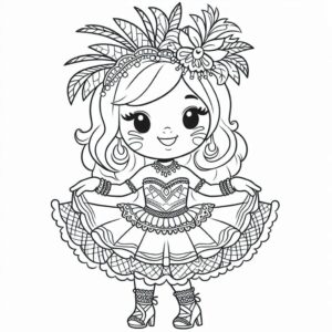 Imagem da menina com saia e fantasia de carnaval para colorir