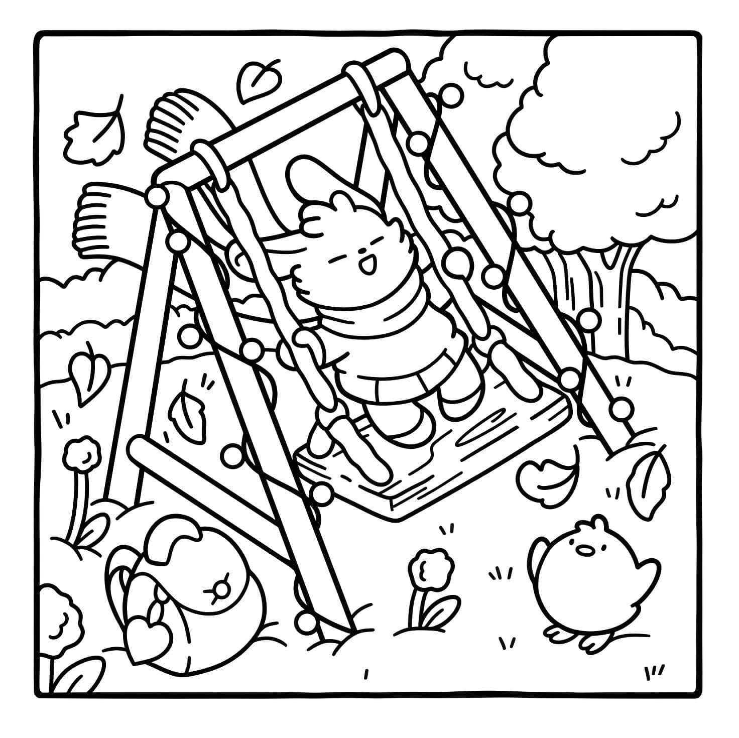 Imagem de gato no balanço com passarinhos de Bobbie Goods para imprimir