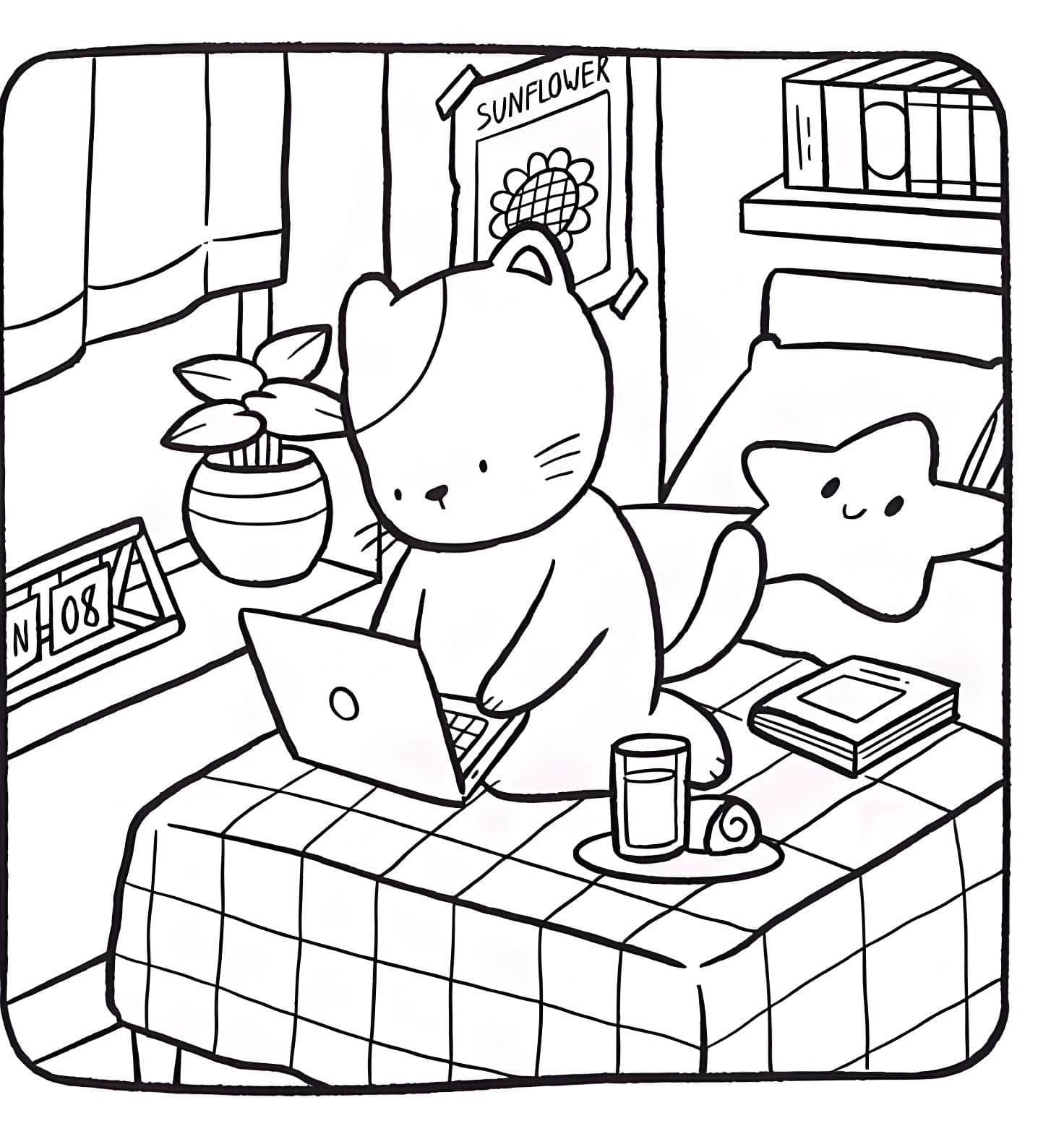 Imagem de gato trabalhando no notebook no quarto de Bobbie Goods para imprimir