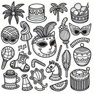 Imagem de máscaras e adereços de carnaval para colorir