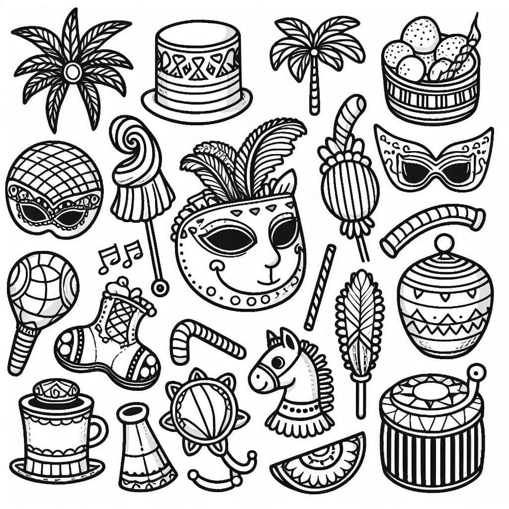 Imagem de máscaras e adereços de carnaval para colorir