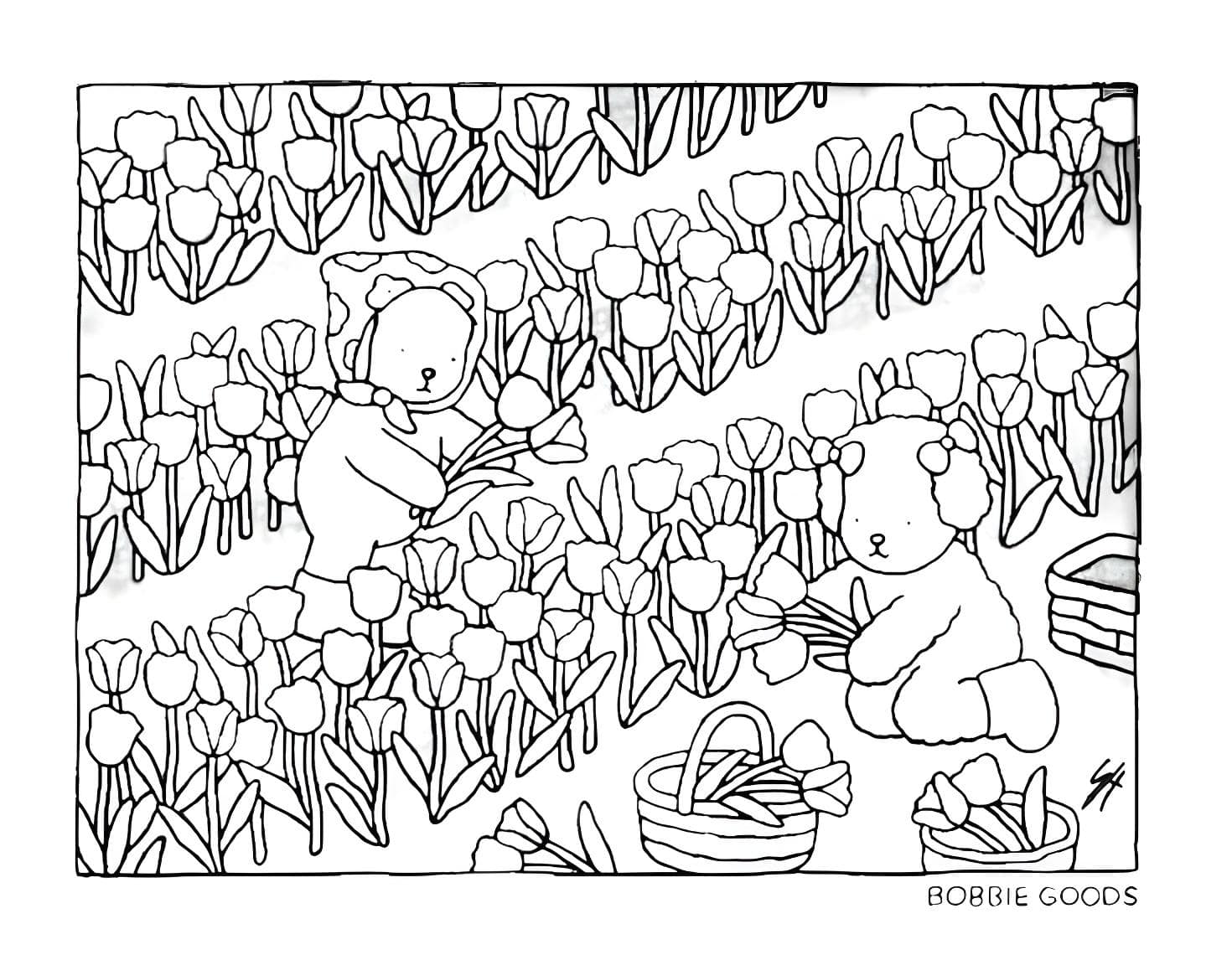 Imagem de urso colhendo tulipas de Bobbie Goods para imprimir