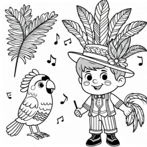 Imagem do menino com pena e papagaio no carnaval para imprimir