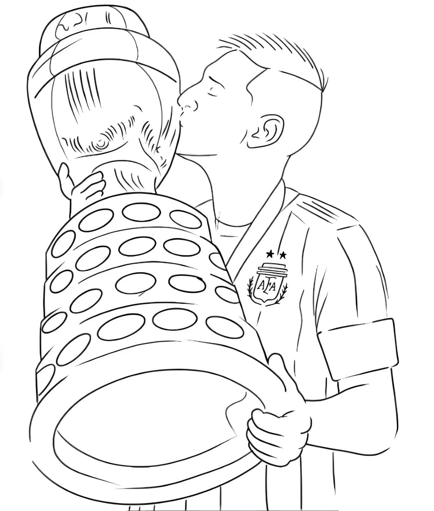 Desenho de Lionel Messi com a copa américa para colorir