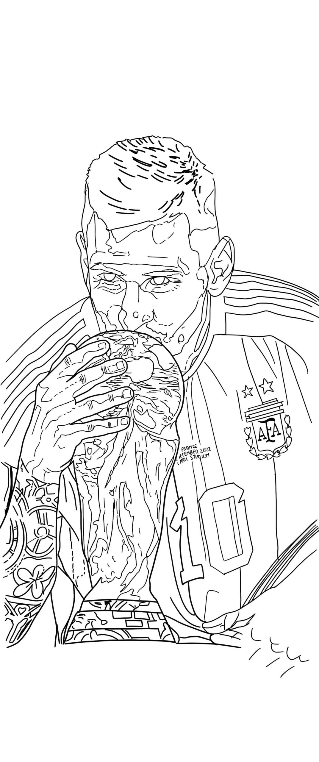 Desenho de Lionel Messi com o troféu da copa do mundo para colorir