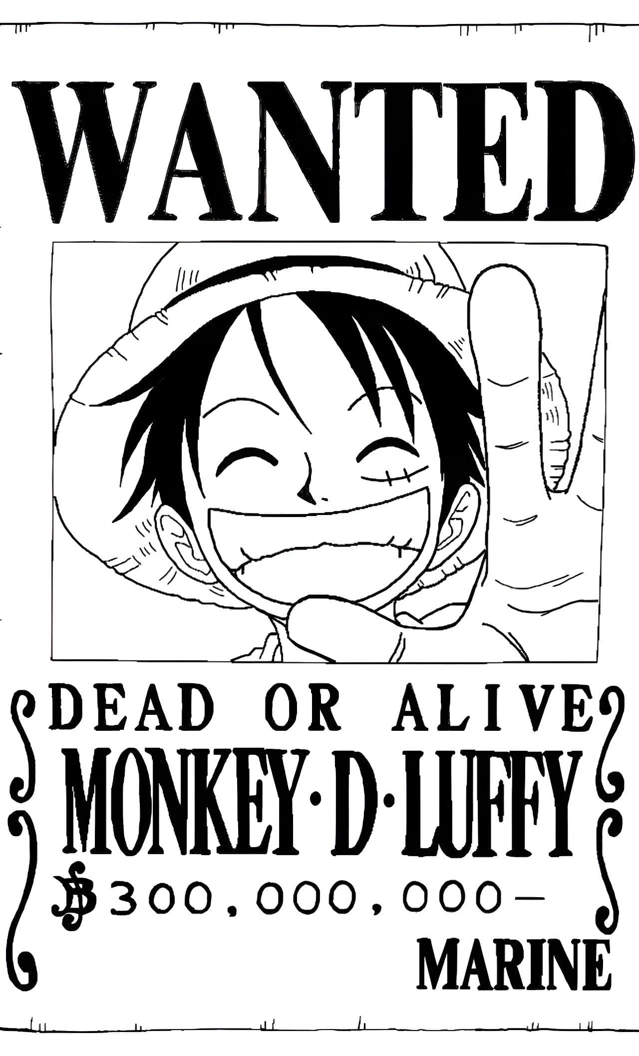 Desenho do cartaz de procurado do luffy de one piece para imprimir e colorir