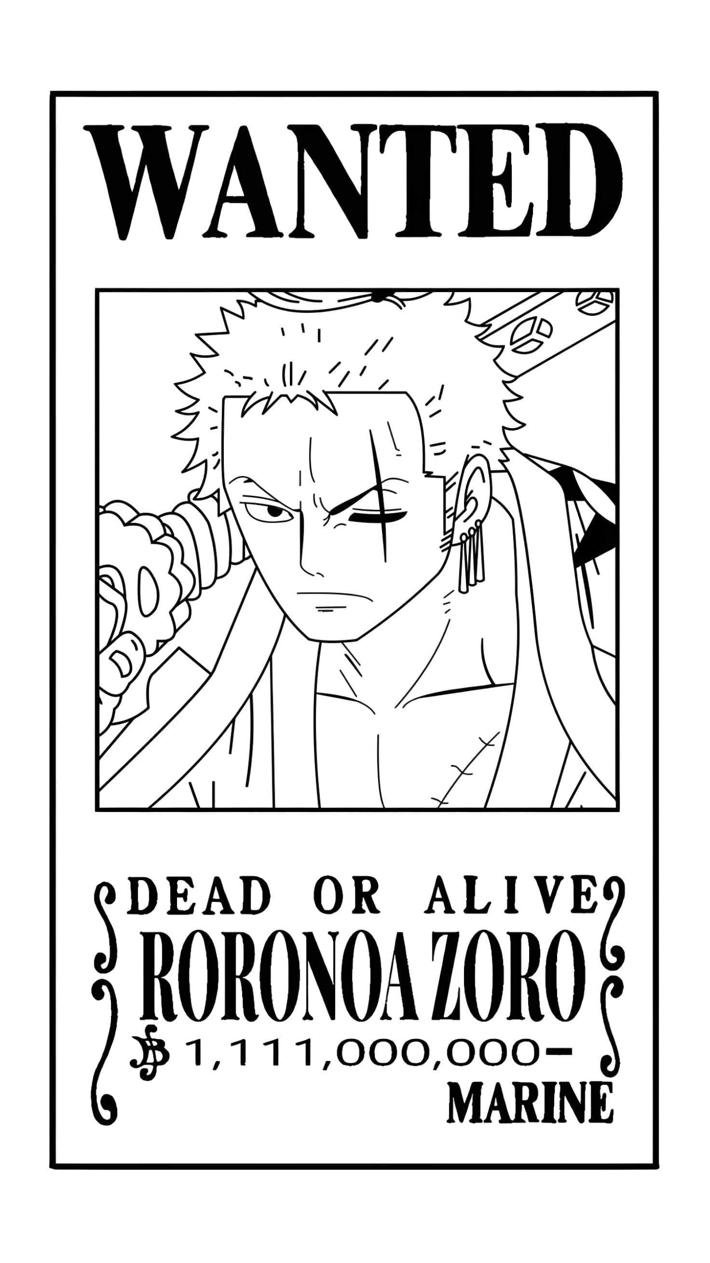 Desenho do cartaz de procurado do zoro de one piece para imprimir e colorir