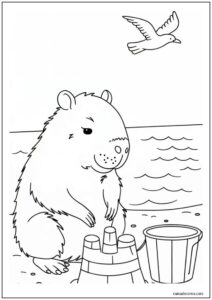 Capivara na praia com castelo de areia para colorir