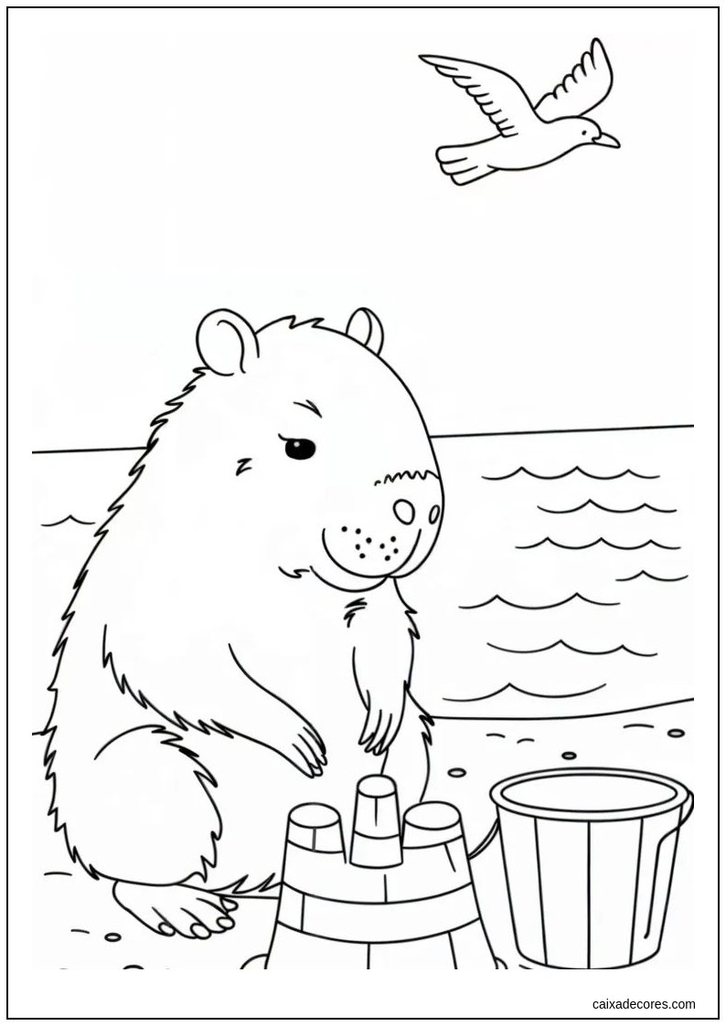 Capivara na praia com castelo de areia para colorir