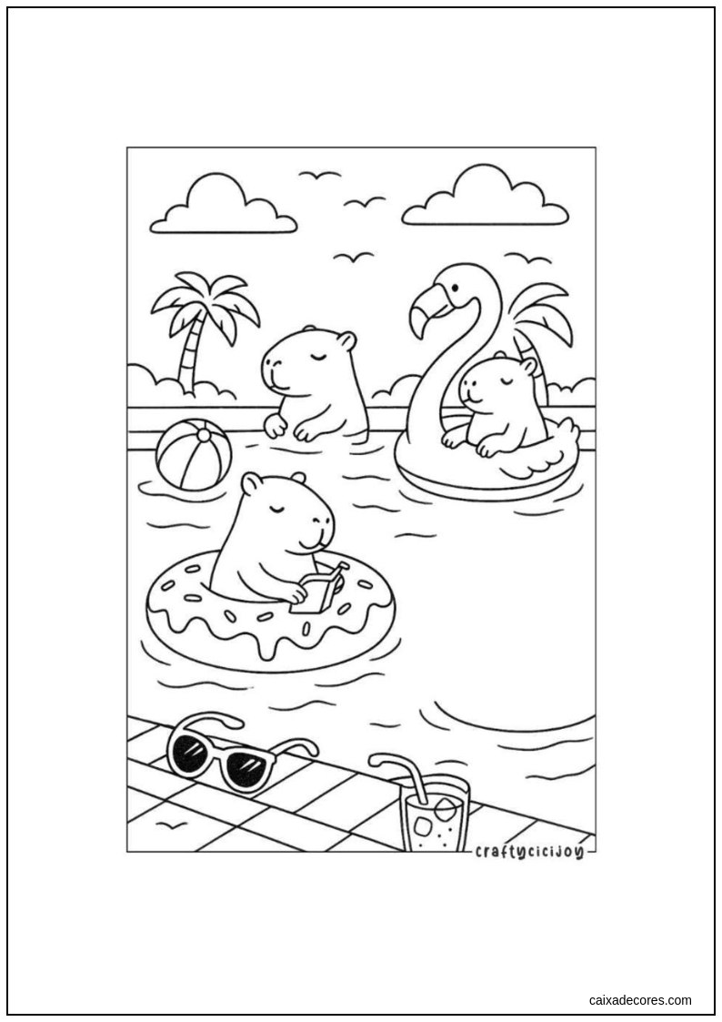 Capivara tomando banho com amigos para colorir