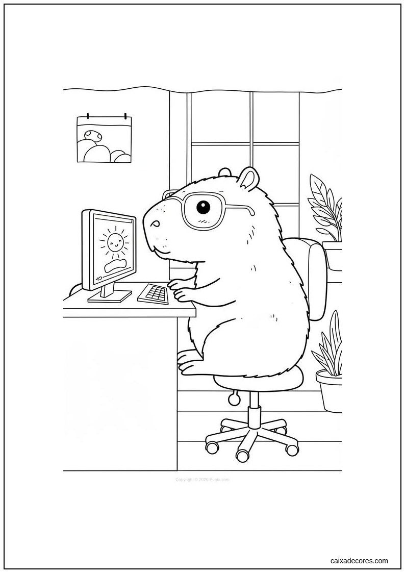 Capivara trabalhando no computador para colorir