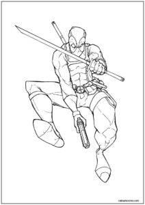 Deadpool com pistola e espadas para colorir