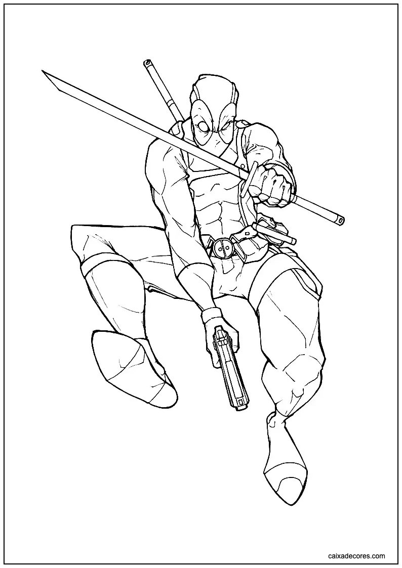 Deadpool com pistola e espadas para colorir