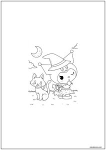 Desenho da kuromi com gato para colorir