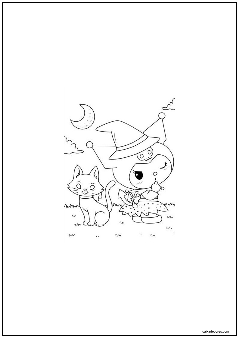 Desenho da kuromi com gato para colorir