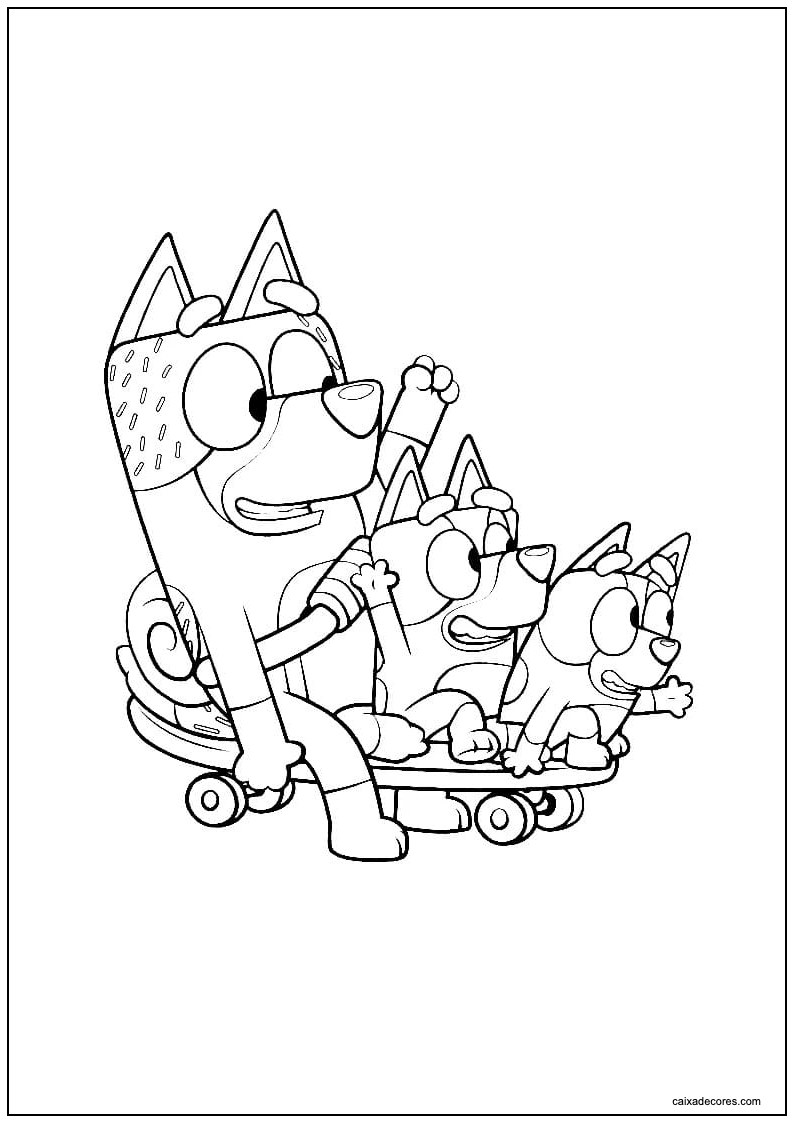 Desenho de bandit com bluey e bingo em patinete para imprimir