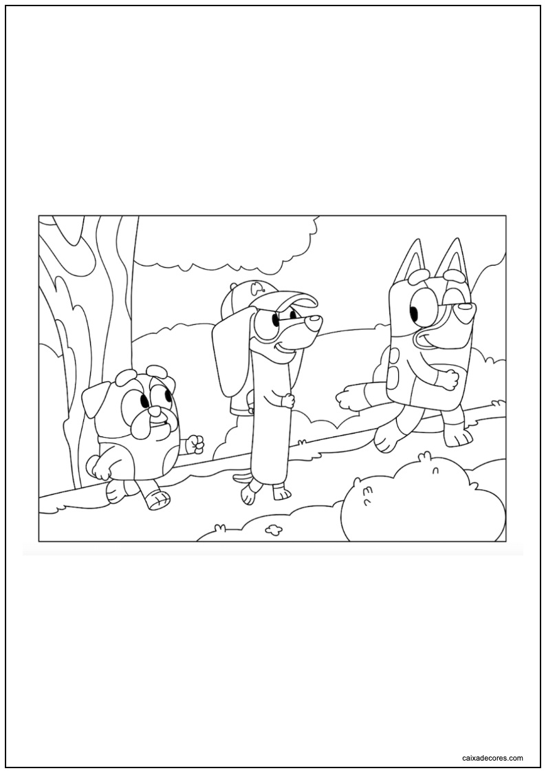 Desenho de bluey snickers e coco caminhando para imprimir
