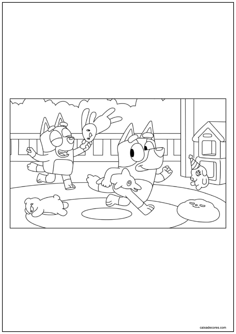 Desenho de bluey e bingo de bluey jogando para imprimir