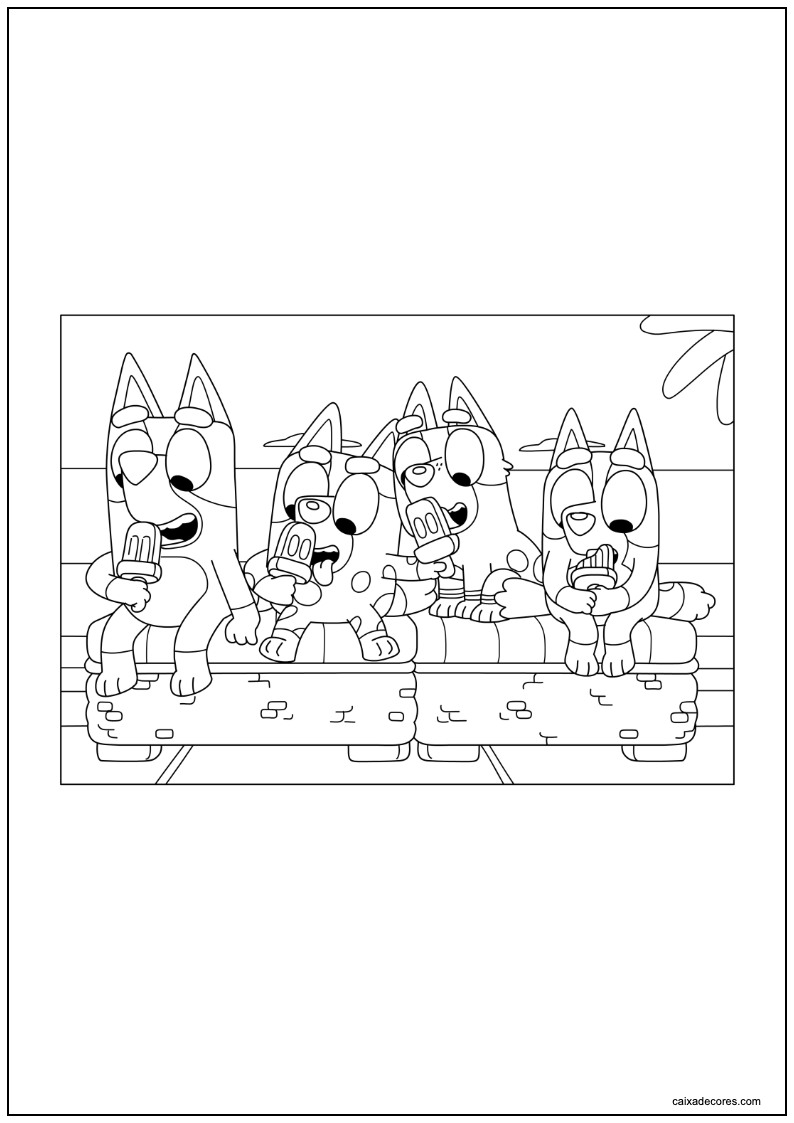 Desenho de bluey e amigos comendo sorvete para imprimir