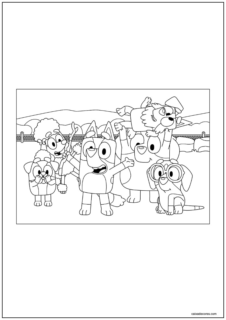 Desenho de bluey e amigos no parque para colorir