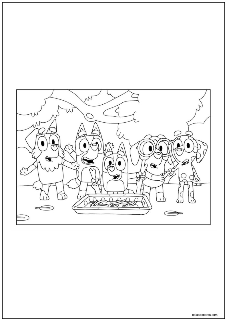 Desenho de bluey e amigos no parque para colorir