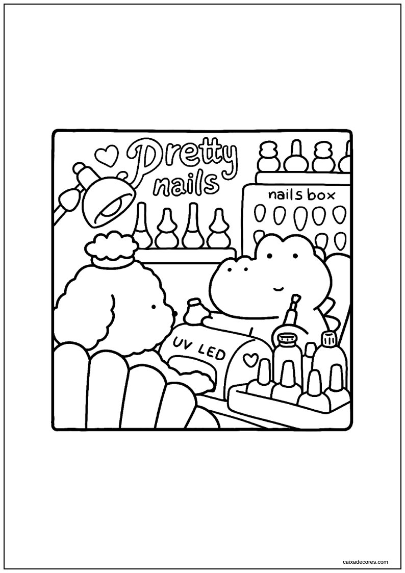 Desenho de cozy friends doguinho e trana no salão de unhas para colorir