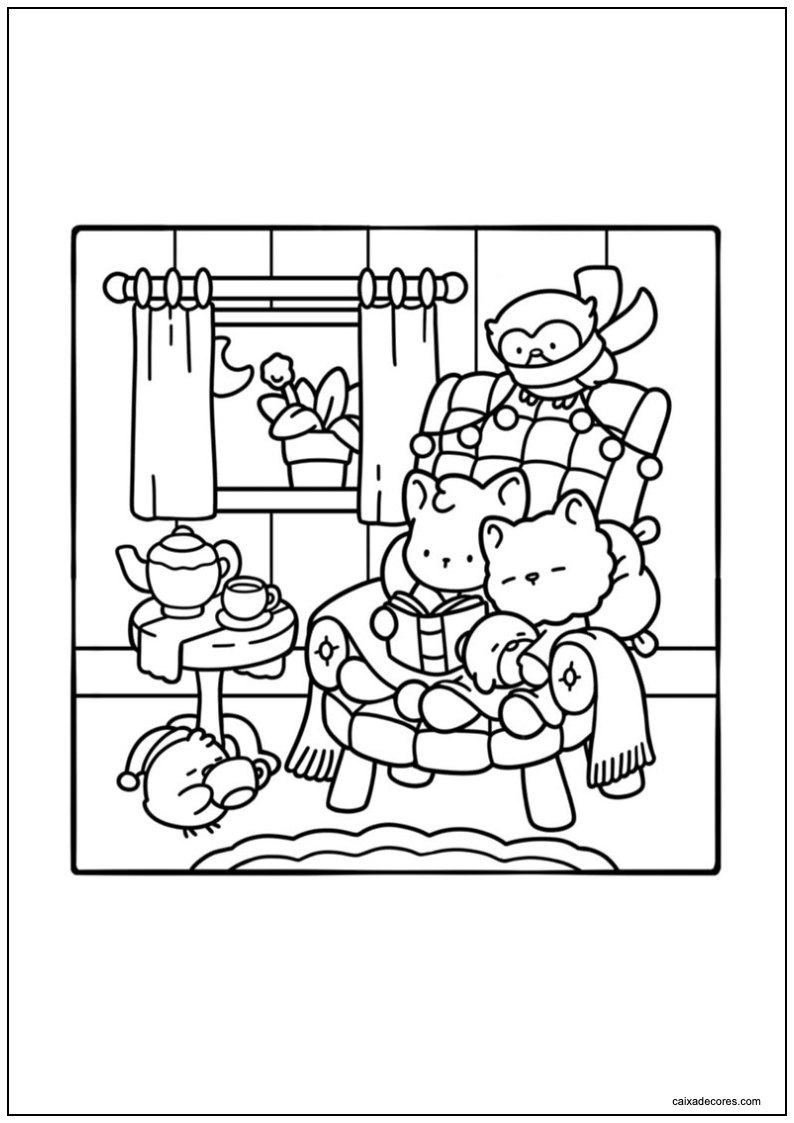Desenho de cozy friends lendo para colorir