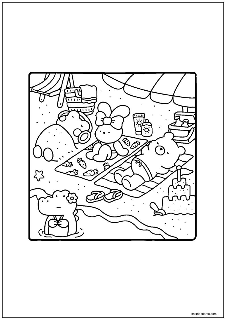 Desenho de cozy friends na praia para colorir