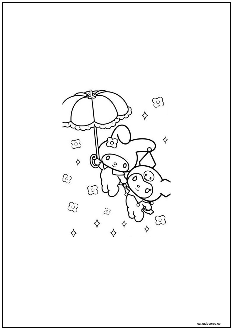 Desenho de kuromi com amiga em guarda chuva para colorir