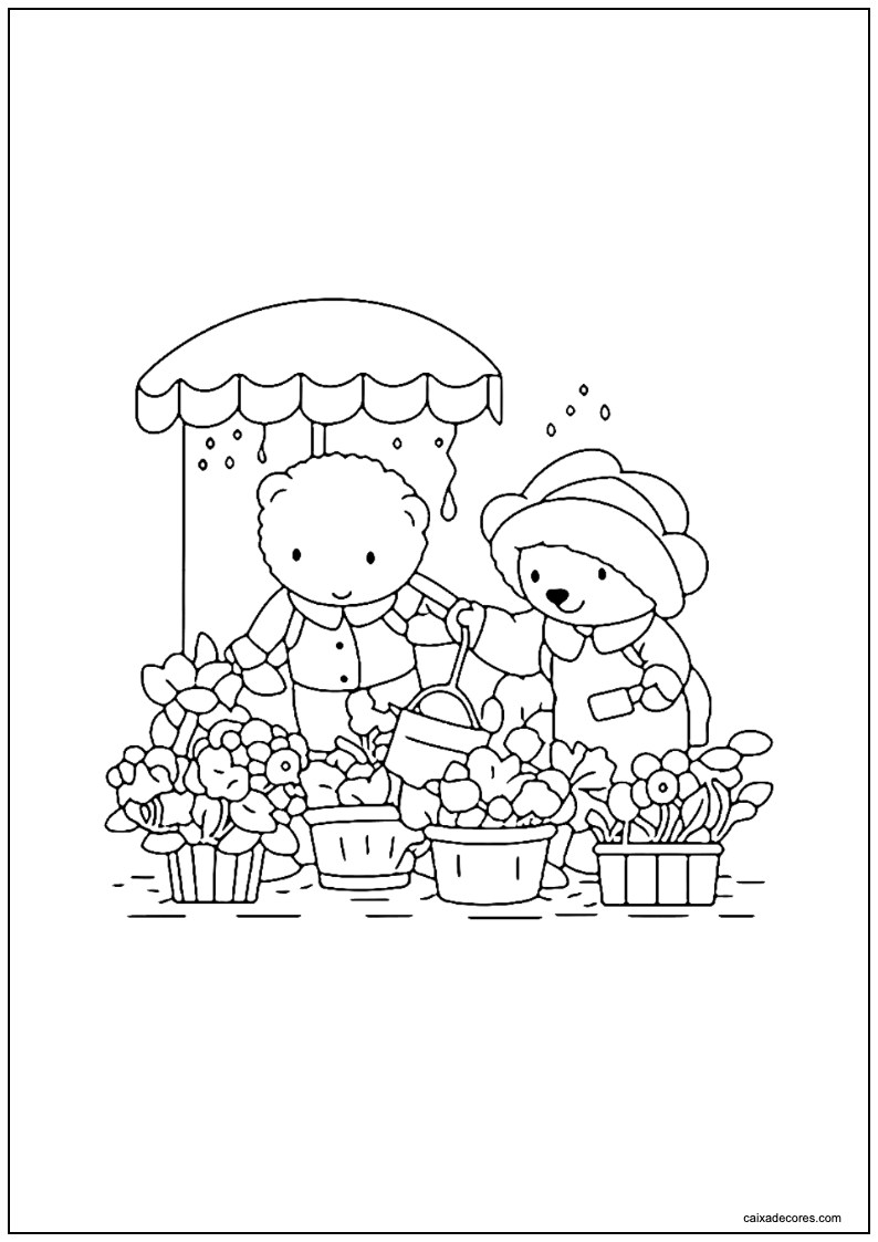 Desenho de meus queridos póneis cuidando flores para imprimir