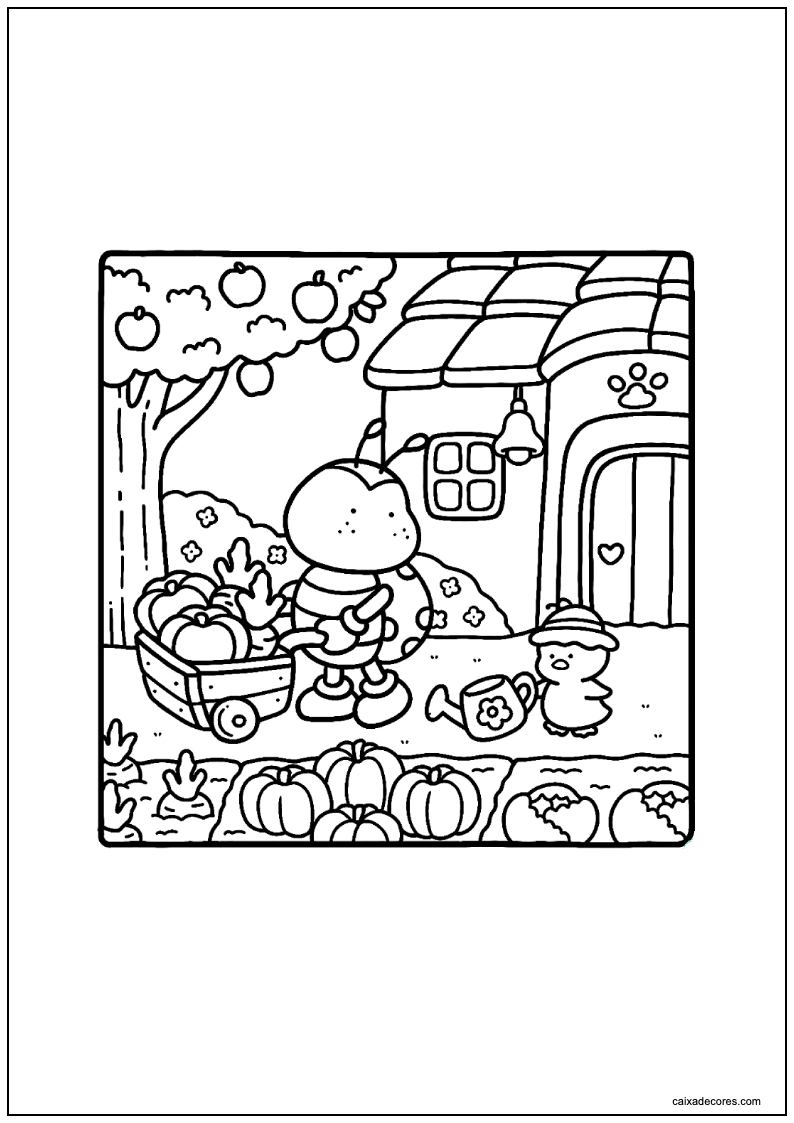 Desenho de abelha e patinho no jardim para imprimir