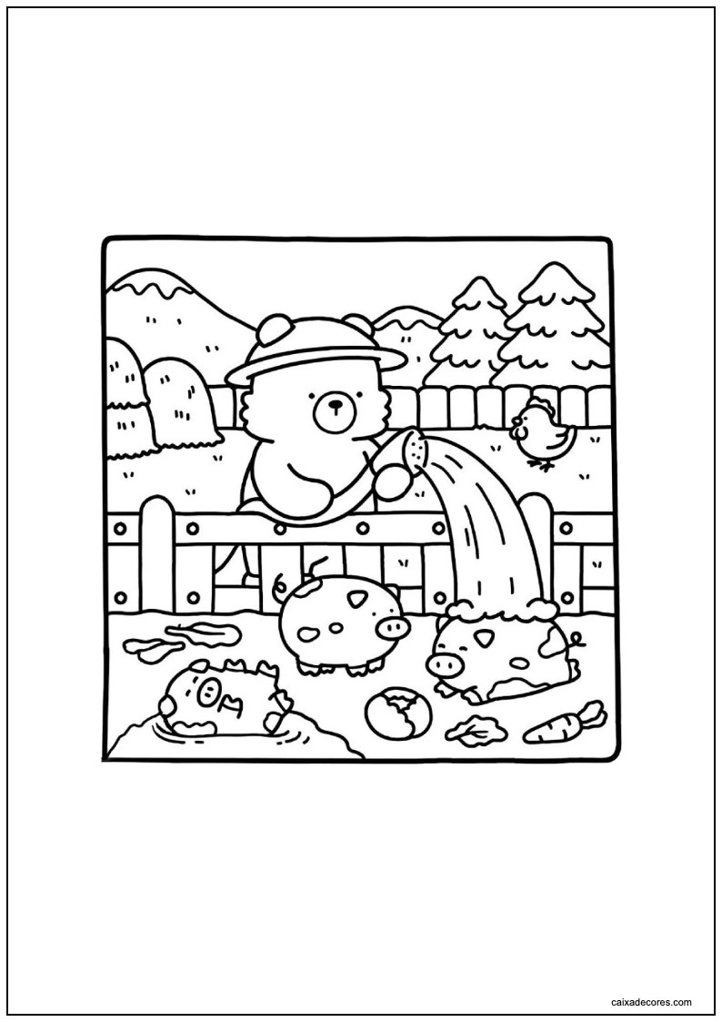 Desenho de amigos aconchegantes ursinho tomando banho de porquinhos para colorir