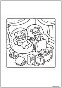 Desenho de amigos aconchegantes ursinhos carinhosos vendo filme para colorir
