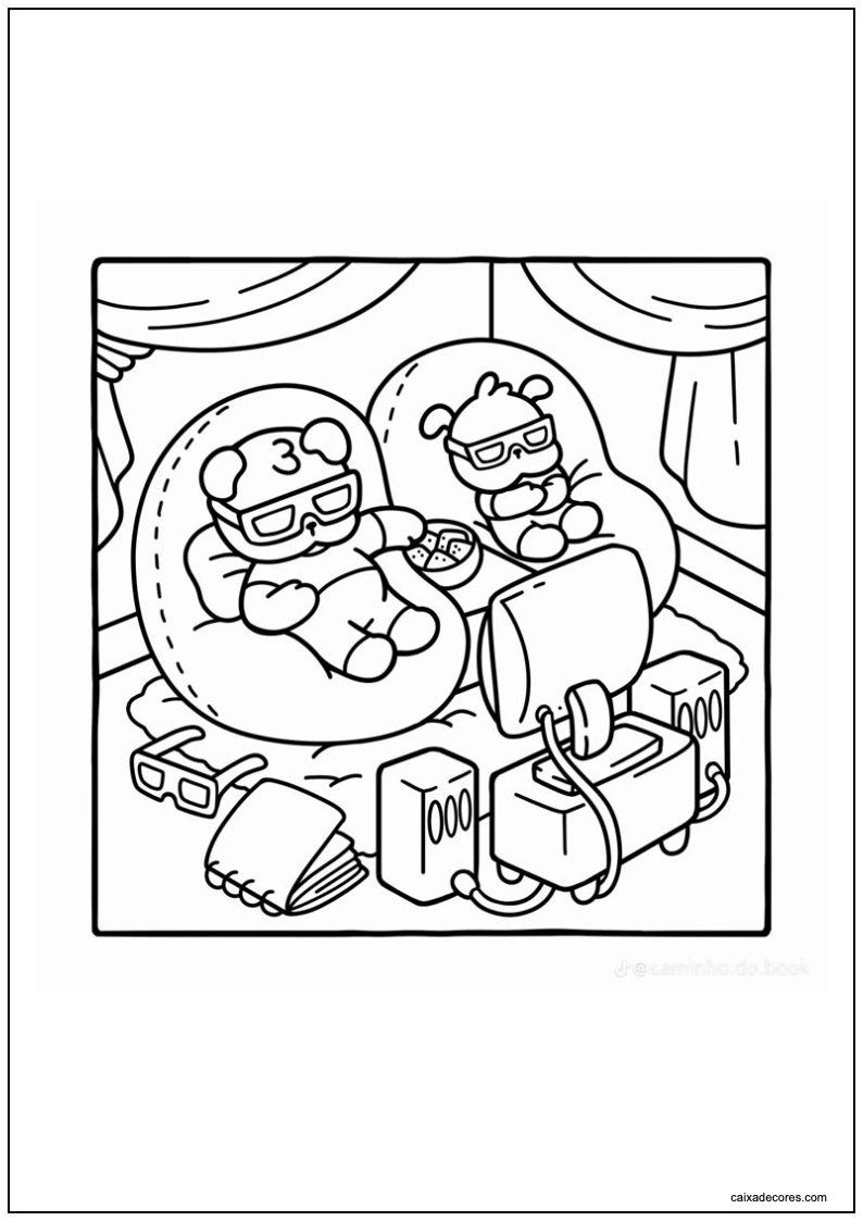 Desenho de amigos aconchegantes ursinhos carinhosos vendo filme para colorir